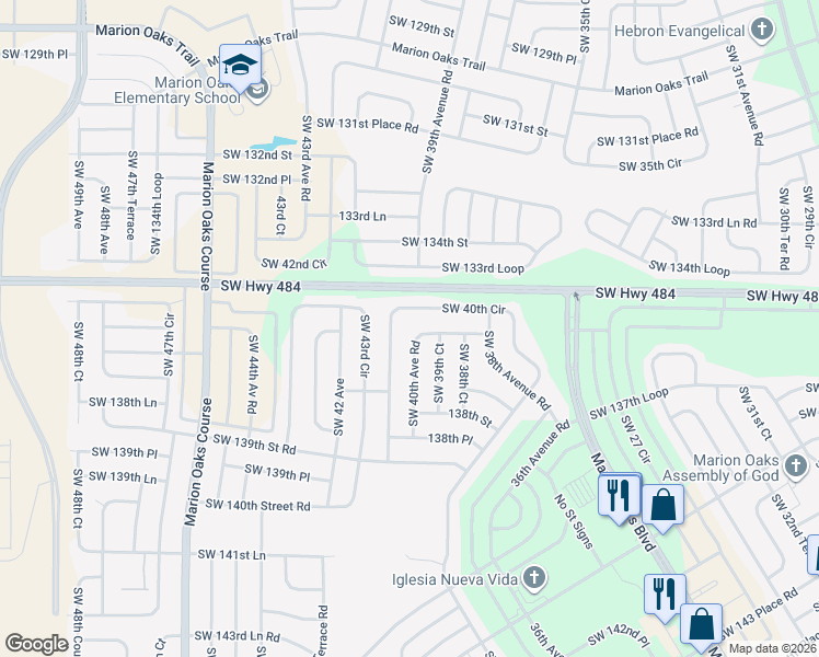 map of restaurants, bars, coffee shops, grocery stores, and more near 13706 Southwest 40th Circle in Ocala