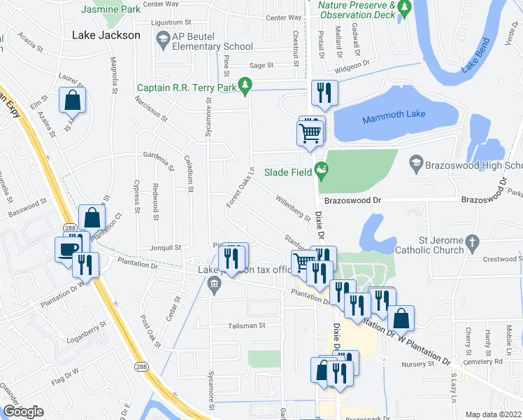 map of restaurants, bars, coffee shops, grocery stores, and more near 130 Stanford Road in Lake Jackson