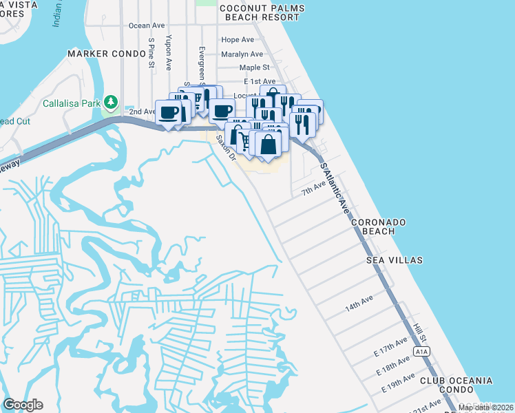 map of restaurants, bars, coffee shops, grocery stores, and more near 1600 Saxon Drive in New Smyrna Beach