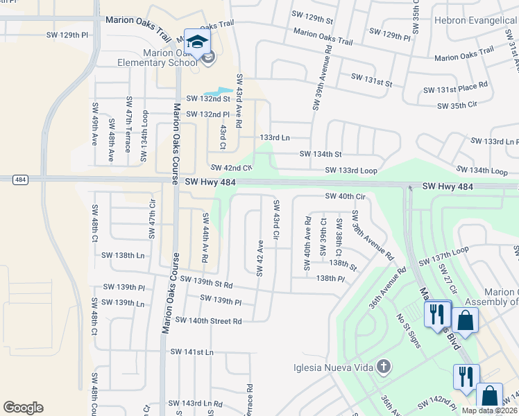 map of restaurants, bars, coffee shops, grocery stores, and more near 13702 Southwest 43rd Circle in Ocala