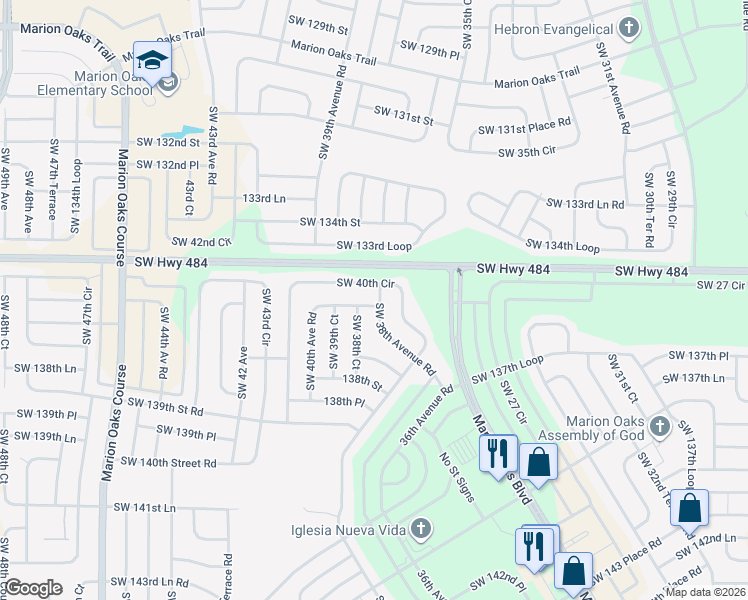 map of restaurants, bars, coffee shops, grocery stores, and more near 13636 Southwest 40th Circle in Ocala