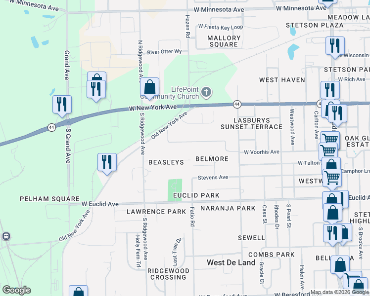 map of restaurants, bars, coffee shops, grocery stores, and more near 1630 Strathcona Avenue in DeLand