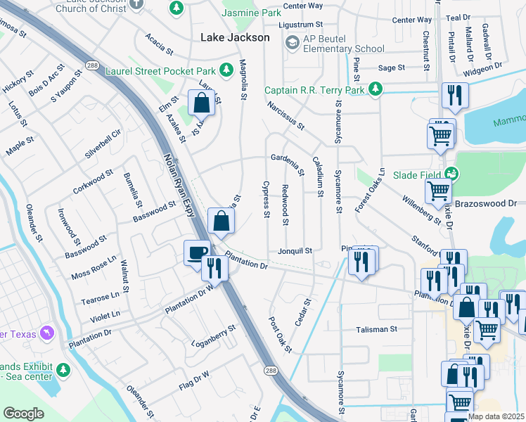 map of restaurants, bars, coffee shops, grocery stores, and more near 310 Cypress Street in Lake Jackson