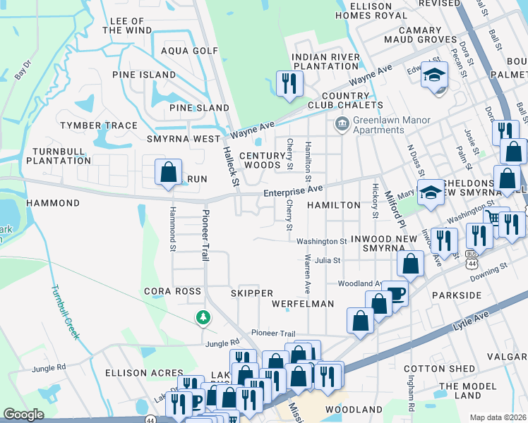 map of restaurants, bars, coffee shops, grocery stores, and more near 1804 Enterprise Avenue in New Smyrna Beach
