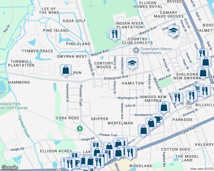 map of restaurants, bars, coffee shops, grocery stores, and more near 1804 Enterprise Avenue in New Smyrna Beach