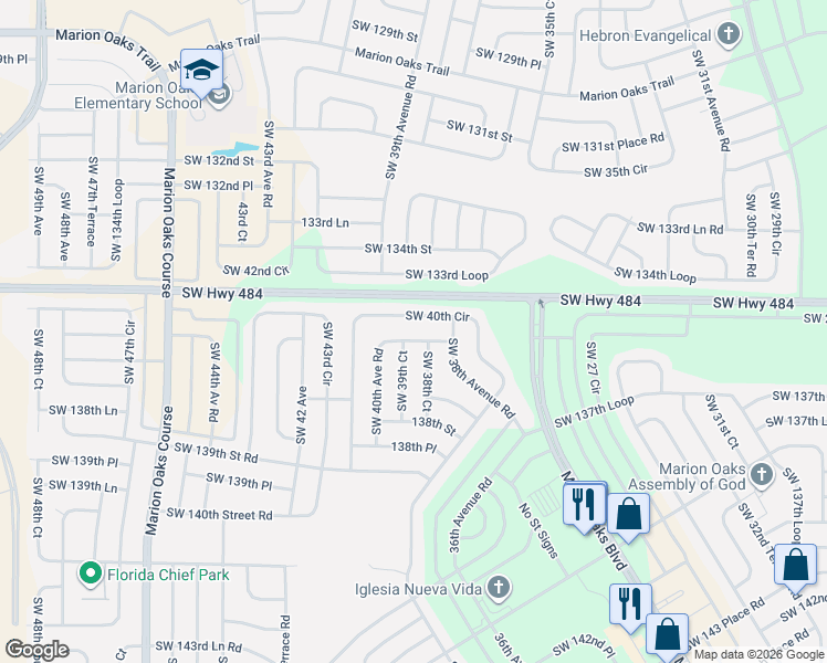 map of restaurants, bars, coffee shops, grocery stores, and more near 13649 Southwest 40th Circle in Ocala
