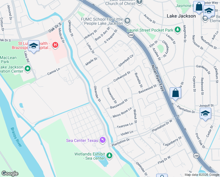 map of restaurants, bars, coffee shops, grocery stores, and more near 101 Ironwood Street in Lake Jackson