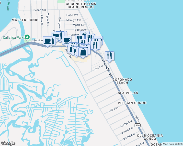 map of restaurants, bars, coffee shops, grocery stores, and more near 815 7th Avenue in New Smyrna Beach