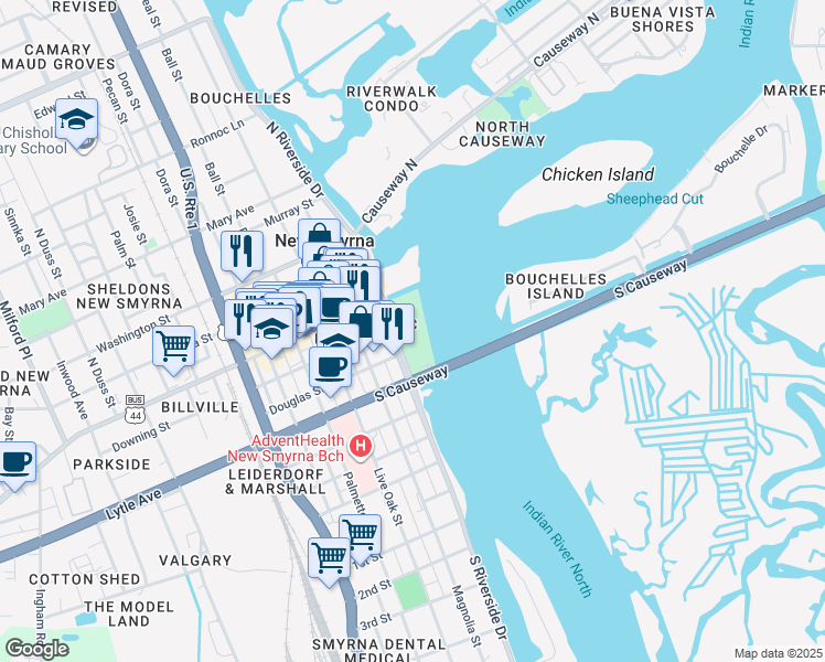 map of restaurants, bars, coffee shops, grocery stores, and more near 105 South Riverside Drive in New Smyrna Beach