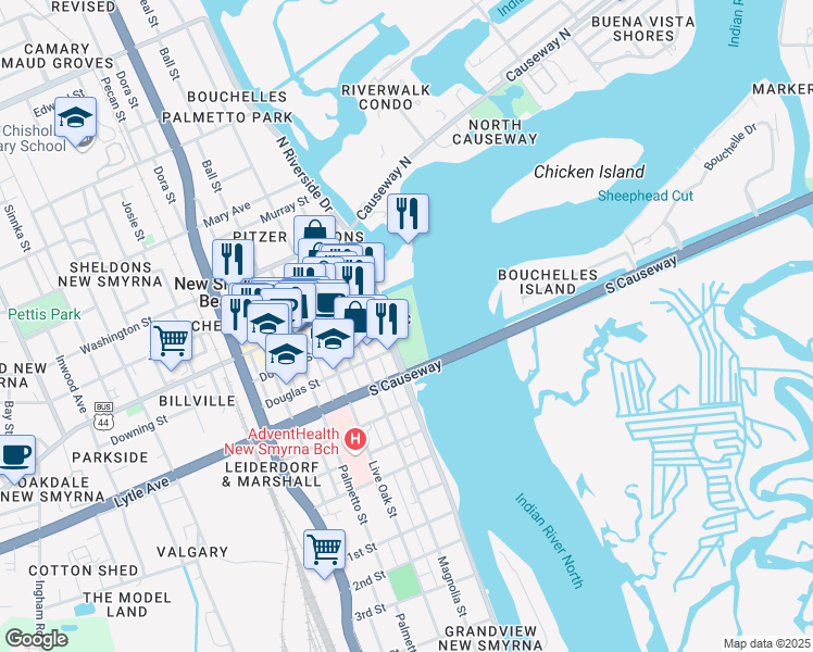 map of restaurants, bars, coffee shops, grocery stores, and more near 105 South Riverside Drive in New Smyrna Beach