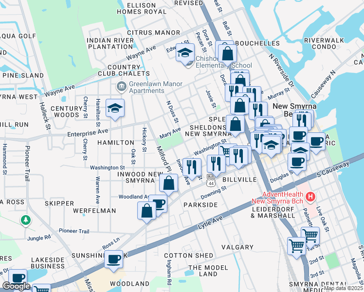 map of restaurants, bars, coffee shops, grocery stores, and more near 314 North Duss Street in New Smyrna Beach