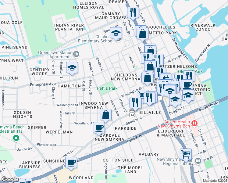 map of restaurants, bars, coffee shops, grocery stores, and more near 314 North Duss Street in New Smyrna Beach