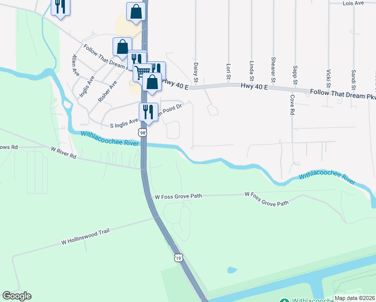 map of restaurants, bars, coffee shops, grocery stores, and more near 24 River Trail Drive in Inglis