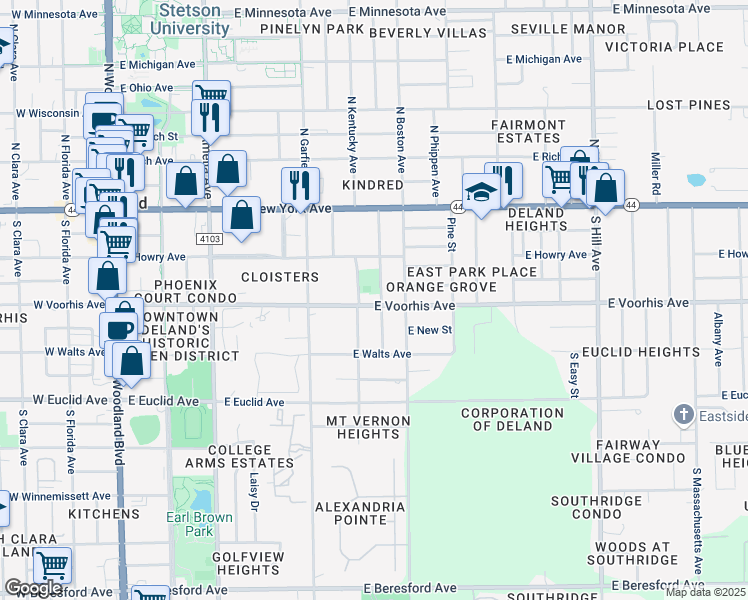 map of restaurants, bars, coffee shops, grocery stores, and more near 553 East Voorhis Avenue in DeLand