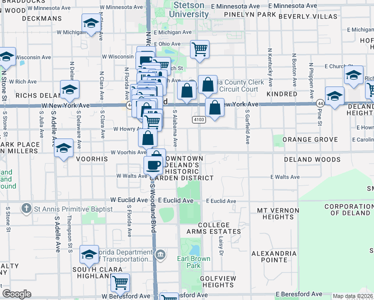 map of restaurants, bars, coffee shops, grocery stores, and more near 223 East Voorhis Avenue in DeLand