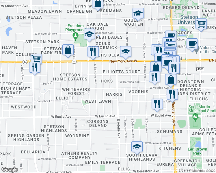 map of restaurants, bars, coffee shops, grocery stores, and more near 525 West Voorhis Avenue in DeLand
