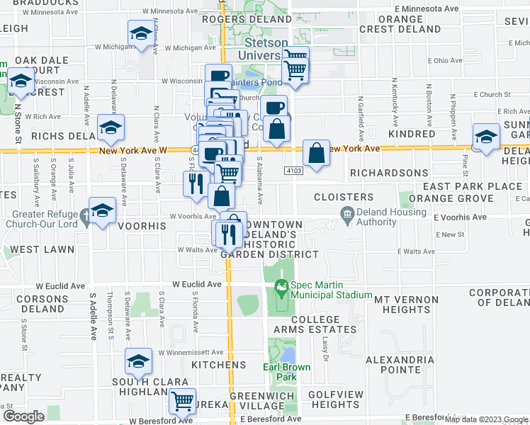 map of restaurants, bars, coffee shops, grocery stores, and more near 236 Alabama Avenue Greenway Trail in DeLand