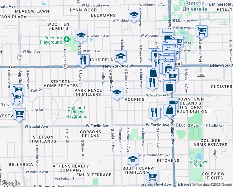 map of restaurants, bars, coffee shops, grocery stores, and more near 420 West Carolina Avenue in DeLand