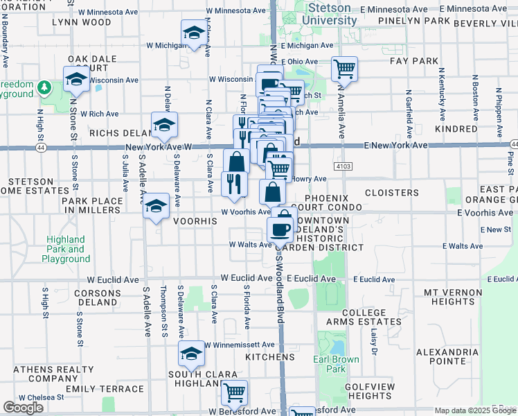map of restaurants, bars, coffee shops, grocery stores, and more near 125 West Voorhis Avenue in DeLand