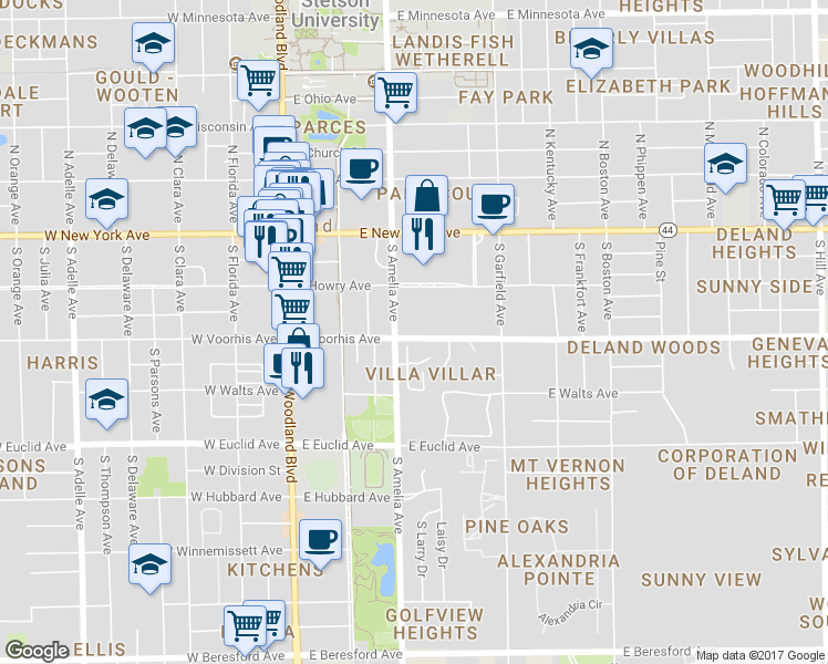 map of restaurants, bars, coffee shops, grocery stores, and more near 313 E Voorhis Ave in DeLand