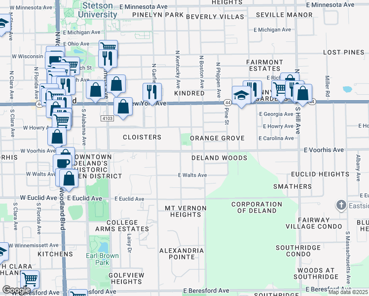 map of restaurants, bars, coffee shops, grocery stores, and more near 553 East Voorhis Avenue in DeLand