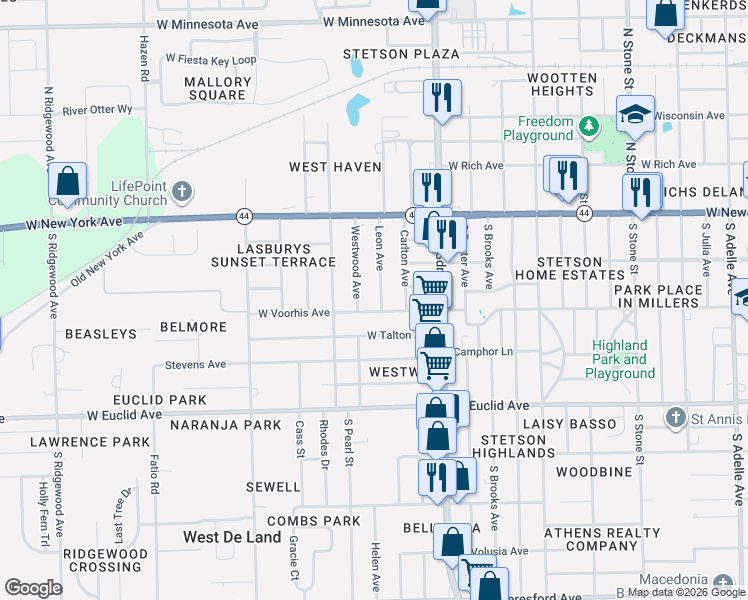 map of restaurants, bars, coffee shops, grocery stores, and more near 140 Leon Avenue in DeLand