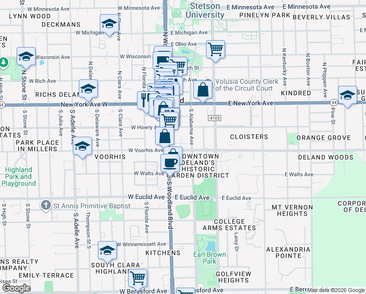 map of restaurants, bars, coffee shops, grocery stores, and more near 236 Alabama Avenue Greenway Trail in DeLand