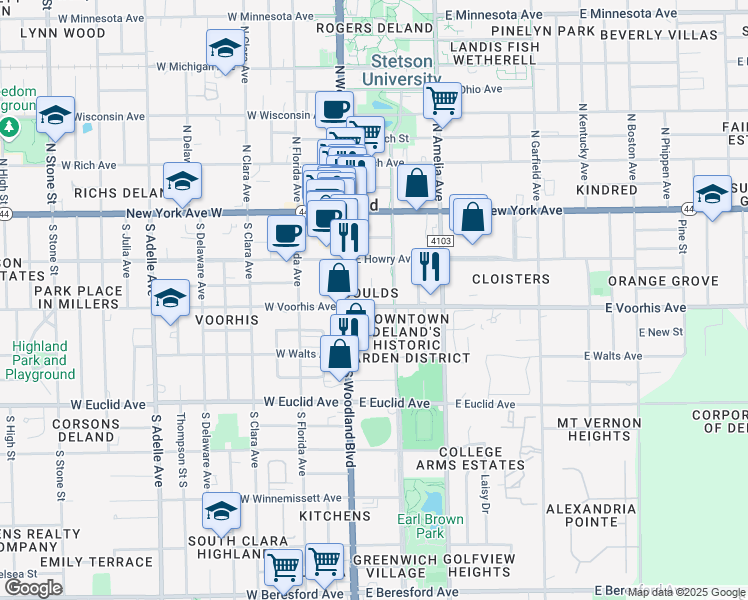 map of restaurants, bars, coffee shops, grocery stores, and more near 129 East Voorhis Avenue in DeLand