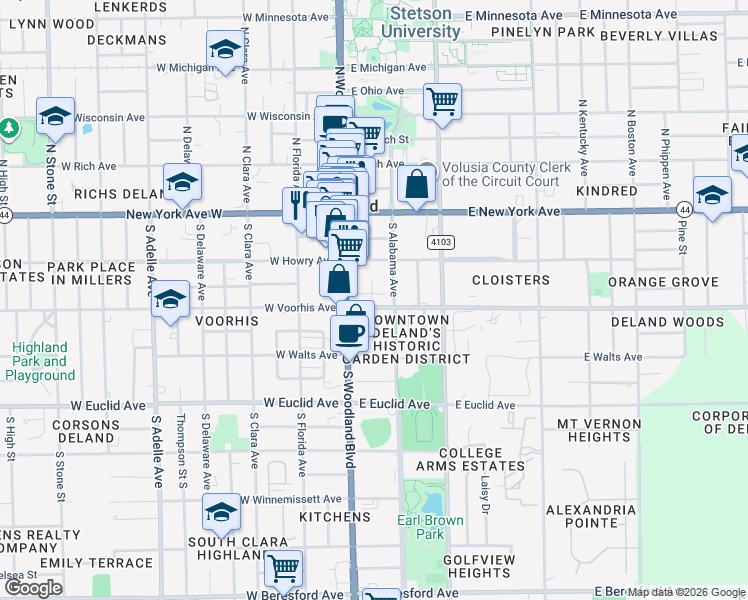 map of restaurants, bars, coffee shops, grocery stores, and more near 236 Alabama Avenue Greenway Trail in DeLand