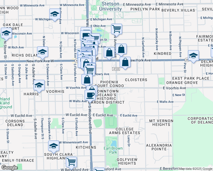 map of restaurants, bars, coffee shops, grocery stores, and more near 223 East Voorhis Avenue in DeLand