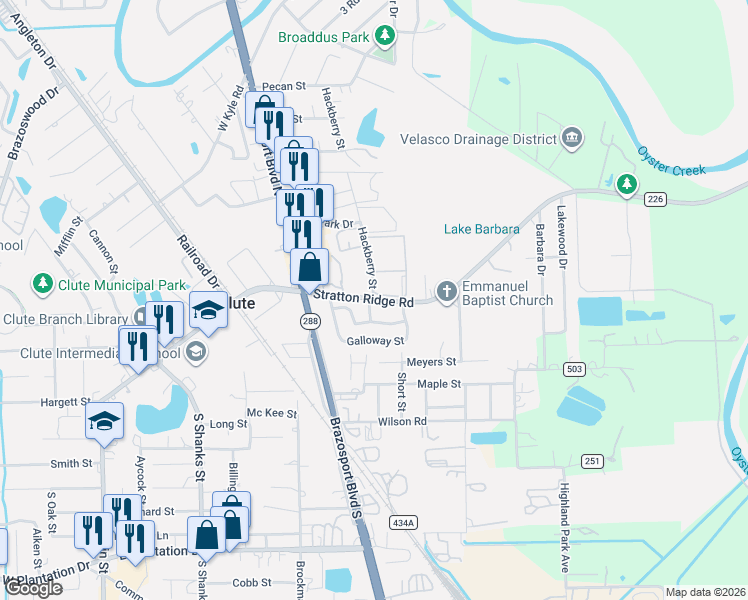 map of restaurants, bars, coffee shops, grocery stores, and more near 101 Hackberry Street in Clute