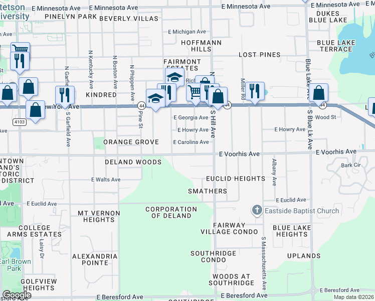 map of restaurants, bars, coffee shops, grocery stores, and more near 959 East Voorhis Avenue in DeLand