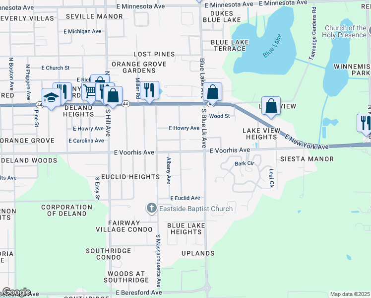 map of restaurants, bars, coffee shops, grocery stores, and more near 1403 East Voorhis Avenue in DeLand