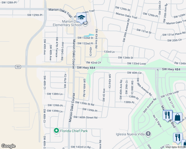 map of restaurants, bars, coffee shops, grocery stores, and more near 13738 Southwest 43rd Circle in Ocala