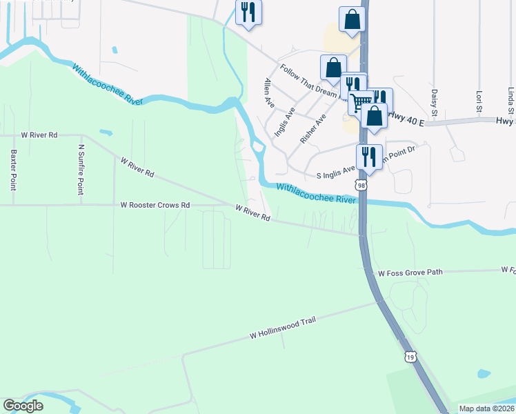 map of restaurants, bars, coffee shops, grocery stores, and more near 11236 North Rain Point in Inglis