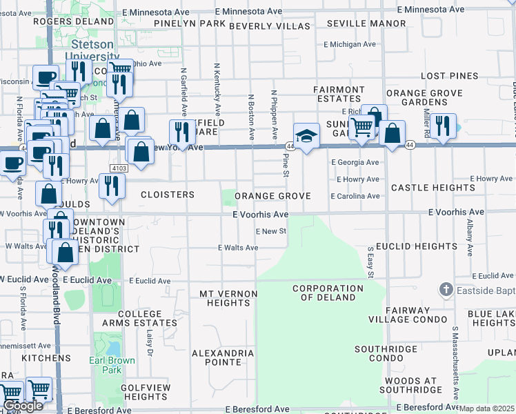 map of restaurants, bars, coffee shops, grocery stores, and more near 229 South Boston Avenue in DeLand