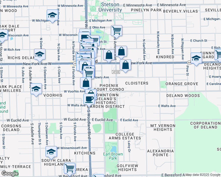 map of restaurants, bars, coffee shops, grocery stores, and more near 223 East Voorhis Avenue in DeLand