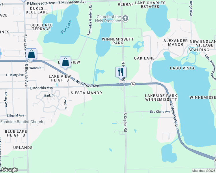 map of restaurants, bars, coffee shops, grocery stores, and more near 2000 East New York Avenue in DeLand