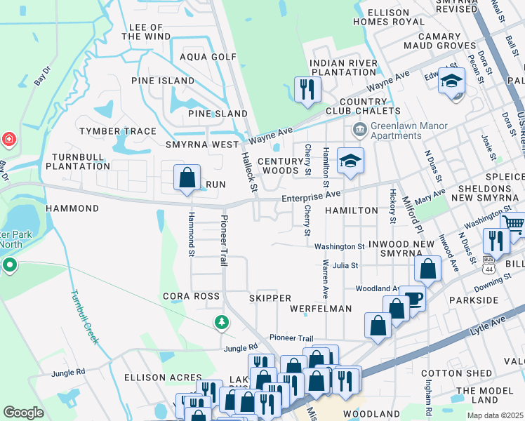 map of restaurants, bars, coffee shops, grocery stores, and more near 1850 Enterprise Avenue in New Smyrna Beach