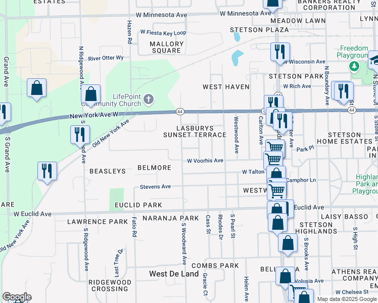 map of restaurants, bars, coffee shops, grocery stores, and more near 1418 Douglas Avenue in DeLand