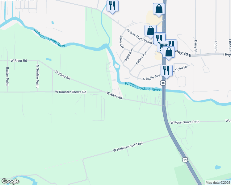 map of restaurants, bars, coffee shops, grocery stores, and more near 11236 North Rain Point in Inglis
