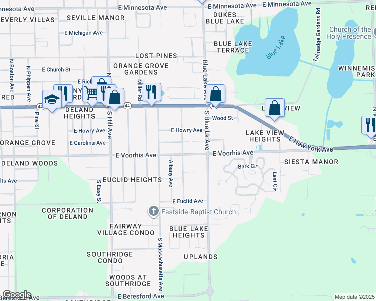 map of restaurants, bars, coffee shops, grocery stores, and more near 1403 East Voorhis Avenue in DeLand