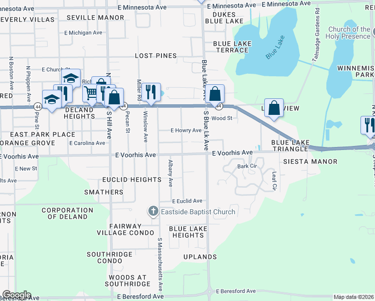 map of restaurants, bars, coffee shops, grocery stores, and more near 1403 East Voorhis Avenue in DeLand