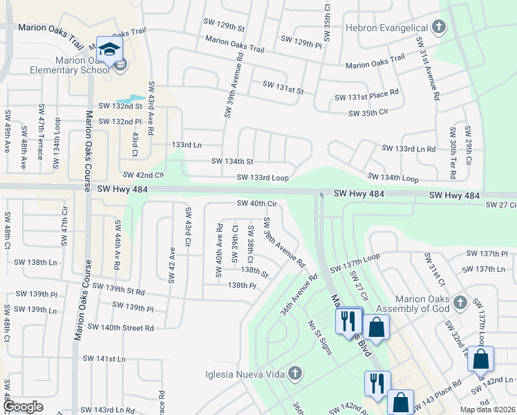 map of restaurants, bars, coffee shops, grocery stores, and more near 13636 Southwest 40th Circle in Ocala