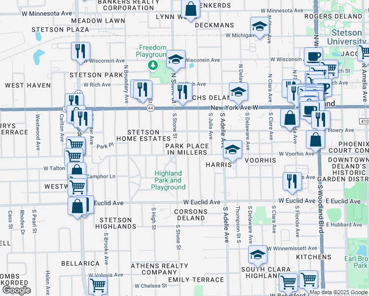 map of restaurants, bars, coffee shops, grocery stores, and more near 228 South Salisbury Avenue in DeLand