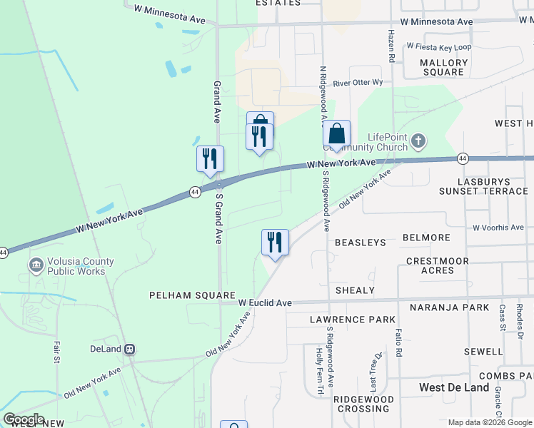 map of restaurants, bars, coffee shops, grocery stores, and more near 2001 Old New York Avenue in DeLand