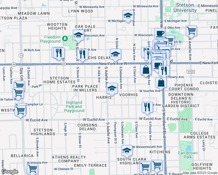 map of restaurants, bars, coffee shops, grocery stores, and more near 238 South Adelle Avenue in DeLand