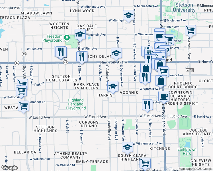 map of restaurants, bars, coffee shops, grocery stores, and more near 238 South Adelle Avenue in DeLand
