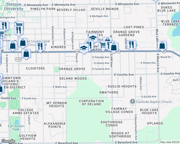 map of restaurants, bars, coffee shops, grocery stores, and more near 284 South Virginia Avenue in DeLand