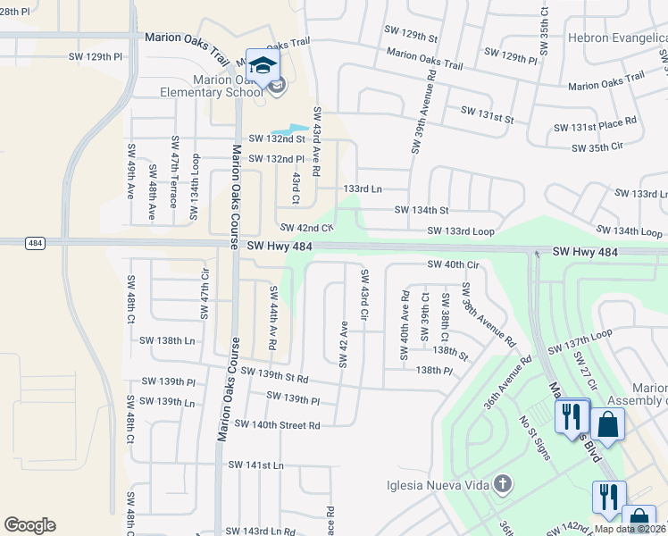 map of restaurants, bars, coffee shops, grocery stores, and more near 13702 Southwest 43rd Circle in Ocala